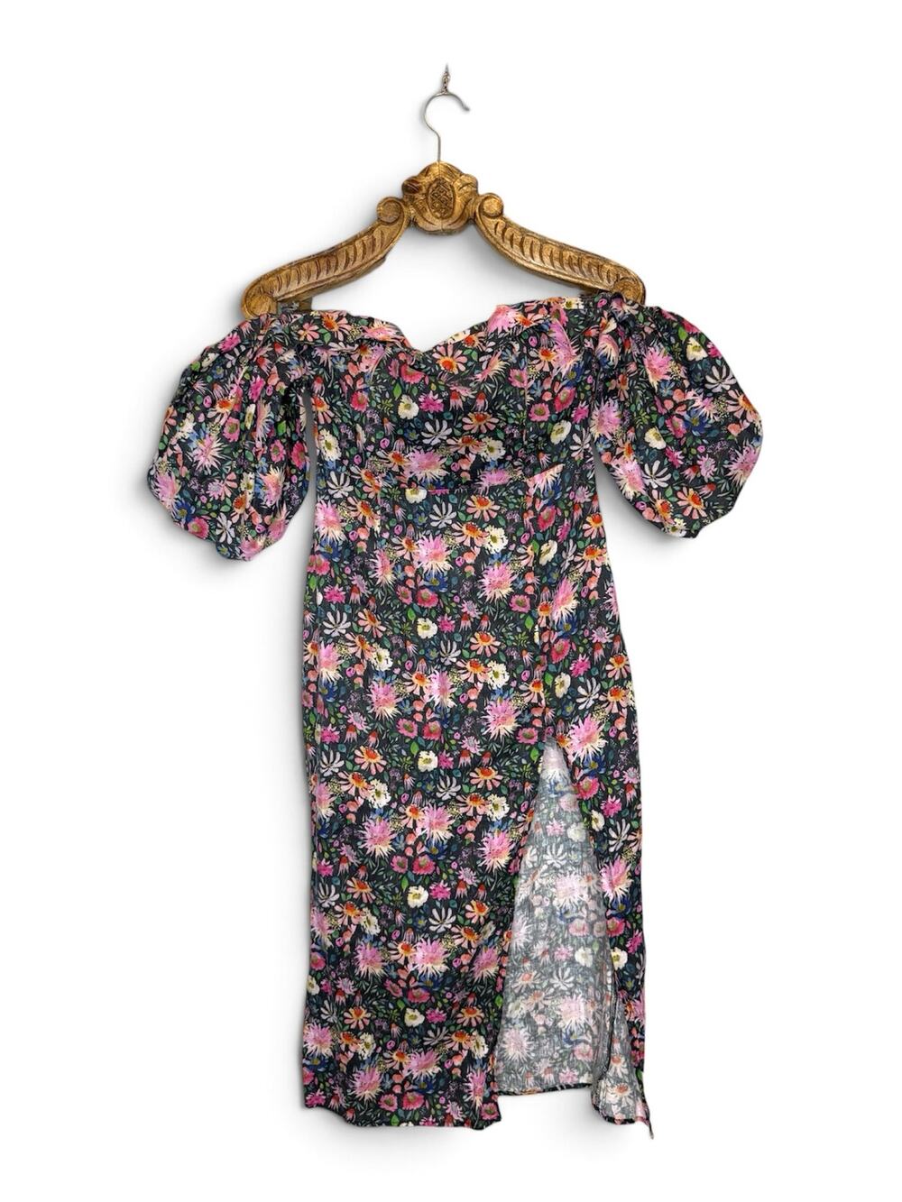Elliatt Midi Dress Mavis Floral Linen Off the Shoulder Puff Sleeve Thigh Slit M